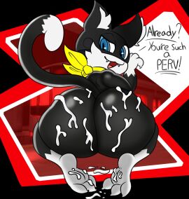 anthro ass big_ass big_butt bodily_fluids cum cum_on_ass cum_on_butt cum_on_feet domestic_cat feet felid feline felis genital_fluids hi_res jjeoe kneeling looking_at_viewer looking_back male male_focus male_only mammal morgana_(persona) persona_(series) persona_5 presenting presenting_hindquarters smile smug solo tail tuxedo_cat