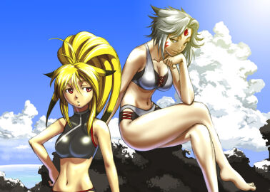2009 2girls amber_eyes annoyed bandai_namco barefoot beach beaded_bracelet big_breasts bikini blonde_hair breasts clouds detailed_background duo feet female female_only gem gem_on_forehead hand_under_chin high_ponytail kazue long_hair looking_at_another namco_x_capcom ponytail project_x_zone saya_(namco_x_capcom) silver_hair sitting sky smile swimsuit thighs upper_body water xiaomu yellow_eyes