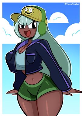 1girls atomickingboo clothed clothing dark-skinned_female dark_skin dolly_dimpley hat hourglass_figure large_breasts long_hair looking_at_viewer smiling_friends thick_thighs thin_waist