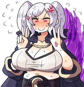 1girls anger_vein angry breasts cleavage clothed_female doodle double_v female fire_emblem fire_emblem_awakening grey_hair grima_(fire_emblem) huge_breasts light-skinned_female light_skin mob_face nervous nervous_smile nintendo notnoe_(dxcl) peace_sign pink_eyes red_eyes request robin_(fire_emblem) robin_(fire_emblem)_(female) solo sweat sweaty sweaty_breasts twintails v white_background