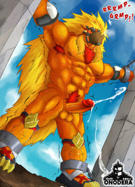 abs anthro apollomon armpit_hair balls bandai_namco blonde_hair bodily_fluids body_hair bondage bound chains closed_eyes cum cumshot digimon digimon_(species) ejaculation erection fur genital_fluids genitals hair humanoid_genitalia humanoid_penis light looking_pleasured male muffled muffled_speech muscles muscular muscular_anthro muscular_male muzzle_(object) muzzled nipples nude onodera orange_body orange_fur orgasm pecs penis pillar pubes shaking solo solo_male sunlight sweat text vein veiny_muscles veiny_penis