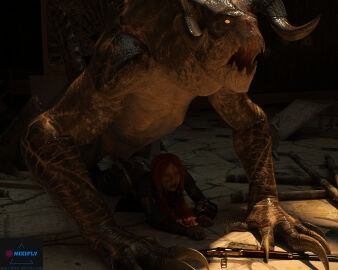 3d ambiguous_penetration bethesda_softworks cum_on_back daz_studio deathclaw earless eyebrowless fallout female feral_on_female feral_on_human ginger_hair interspecies monster monster_on_female nixifly01 vault_suit