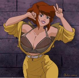 2d 2d_(artwork) 2d_artwork april_o'neil april_o'neil_(tmnt_1987) areolae_visible_through_clothing bra brown_hair busty busty_female clothed clothed_female clothing coolerinker eyelashes hourglass_figure hourglass_figured_female huge_boobs huge_breasts inker_comics inkershike peace_sign pink_lipstick smile smiling thick_hips thick_lips thick_thighs thin_waist tmnt_1987 wall_background yellow_jacket