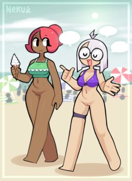 2024 2girls barefoot beach bottomless bra casual casual_exposure casual_nudity chloe_(nekuzx) chocolate_and_vanilla dark-skinned_female dark_skin duo duo_female duo_focus exhibitionism exposed_pussy female female_only glasses holding_ice_cream human ice_cream light-skinned_female light_skin lu_white_(nekuzx) multiple_females multiple_girls naked naked_female navel nekuzx no_panties nude nude_female nudity oc open_mouth original original_character original_characters pale_skin public public_exposure public_indecency public_nudity pussy red_hair short_hair simple_background smile solo speech_bubble speech_bubbles thighs topwear vagina walking white white_hair yapping