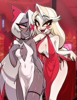2girls breasts canon_couple centinel303 charlie_morningstar_(hazbin_hotel) cleavage clothed cocktail_dress female female_only hazbin_hotel looking_at_viewer skimpy_clothes ta-na thighs vaggie_(hazbin_hotel) yuri