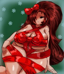 1girls almost_naked annoyed_expression auburn_hair big_breasts big_thighs bow breasts cbbg21 christmas curvy_figure female female_only friday_night_funkin friday_night_funkin_mod frown girlfriend_(friday_night_funkin) hair_over_one_eye huge_breasts long_hair mommy ohdelight ponytail solo solo_female solo_focus thick_legs thick_thighs trepidation_gf_(friday_night_funkin) voluptuous_female wrapped