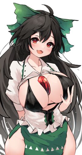 :3 :d blush breasts cute female hand_on_breast hira-san huge_breasts jewel object_between_breasts reiuji_utsuho side_slit smile thick_thighs touhou utsuho_reiuji wide_hips