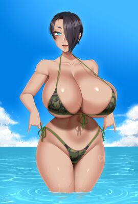 1girls bakunyuu belly_button bikini bikini_tan black_hair blue_eyes blue_sky blue_water breasts cleavage clouds cloudy_sky curvaceous enormous_breasts female female_only gigantic_breasts hair_over_one_eye hand_in_own_hair heart heart_tan hi_res horizon hourglass_figure huge_breasts in_water lips looking_at_viewer massive_breasts navel ocean original original_character outdoors partially_submerged pinup_(style) saya_(twrlare) short_hair smile smiling_at_viewer solo solo_female suntan swimsuit tan tanned tanned_female tanned_skin thick_thighs twrlare voluptuous voluptuous_female water wet