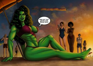 1girls beach big_breasts breasts busty crowd_watching english_text female green_eyes green_hair green_skin jennifer_walters legs looking_at_viewer marvel marvel_comics muscular muscular_female razanul she-hulk speaking_to_viewer speech_bubble swimsuit