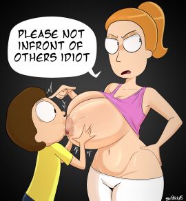 1boy 1girls adult_swim big_ass big_breasts breast_grab breast_sucking breasts breasts_out brother brother_and_sister brown_hair cleavage cleft_of_venus clothed_sex clothing dialogue english_text female grabbing_another's_breast grabbing_breasts huge_breasts incest long_hair looking_at_viewer male morty_smith movement_lines navel nipples open_clothes open_mouth orange_hair ponytail rick_and_morty short_hair sister size_difference spakka5 speech_bubble sucking summer_smith text wide_hips