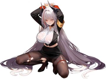 admiral_zenker_(azur_lane) admiral_zenker_(fun_with..._interrogations?)_(azur_lane) armband arms_up azur_lane black_background black_choker black_footwear black_jacket black_pantyhose black_skirt blush bondage bound bound_arms bound_wrists breasts brown_pantyhose cg choker clenched_teeth collared_shirt female frogtie full_body grey_hair high_heels horns jacket large_breasts long_hair long_sleeves looking_at_viewer miniskirt multicolored_hair official_art one_eye_closed panties pantyhose pencil_skirt red_eyes red_hair restrained shirt simple_background skirt solo spread_legs squatting streaked_hair torn_clothes torn_pantyhose underwear very_long_hair white_hair white_panties white_shirt