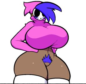 big_breasts blue_hair bottomless breasts dark-skinned_female dark_skin female huge_breasts m-alpha mario_(series) pubic_hair shy_gal thick_thighs thighhighs wide_hips