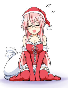 1girls christmas closed_eyes female glasses kneeling_on_ground lucky_star miyuki_takara pink_hair santa_hat smiling_at_viewer solo tagme take_(shokumu-taiman) very_long_hair