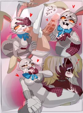 absurd_res anthro blonde_hair blue_bow bodily_fluids clothing corpse cum cum_in_mouth cum_inside cum_on_face cum_on_hand cum_on_tongue cum_strand cum_string dark duo ejaculating_on_another ejaculation fellatio female five_nights_at_freddy's five_nights_at_freddy's:_security_breach genital_fluids genitals gore hair heart_symbol hi_res horror_(theme) human humanoid lagomorph leporid light-skinned_male light_skin male male/female mammal oral oral_penetration partial_male penetration penile penis pussy rabbit red_body red_sclera red_skin saliva saliva_on_penis scottgames sex springlock_suit steel_wool_studios teratophilia tongue vaginal_fluids vanessa_(fnaf) vanny_(fnaf) wet wet_clothing white_sclera zexlynk