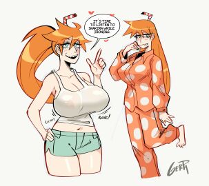 1girls 2024 absurd_res areolae areolae_visible_through_clothing artist_name barefoot belly_button big_breasts blue_eyes bottomwear breast_jiggle breasts busty cleavage clothed clothed_female clothes clothing english_text eyelashes feet female front_view fully_clothed gerph green_shorts hair heart hearts_around_text hi_res huge_breasts human jiggle jiggling_breasts large_breasts legs_together light-skinned_female light_skin long_hair millie_(gerph) motion_lines navel nipples_visible_through_clothing one_foot_raised open_mouth orange_hair original original_character pajamas ponytail raised_leg red_hair see-through see-through_clothing see-through_shirt see-through_top shorts signature simple_background smile smiling solo speech_bubble standing stomach talking tank_top teeth text thick_thighs thighs toes top_heavy topwear white_background