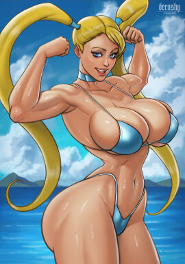 1girls ass bikini blonde_hair blue_eyes breasts cleavage derushy female female_only flexing highres large_breasts light-skinned_female light_skin muscular muscular_arms muscular_female ocean rainbow_mika smiling solo street_fighter street_fighter_alpha street_fighter_alpha_3 swimsuit thick thick_thighs twintails