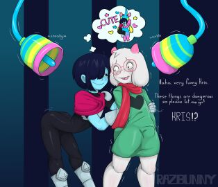 2boys 2d absurd_res anthro anthro_male blue_body blush bovid caprine clothing deltarune deltarune_chapter_2 duo english_text erection erection_under_clothing forced_transformation furry furry_male goat hi_res human imminent_transformation kris_(deltarune) male male/male male_only mammal multiple_boys multiple_males ralsei razbunny text transformation undertale_(series) werewire werewire_transformation