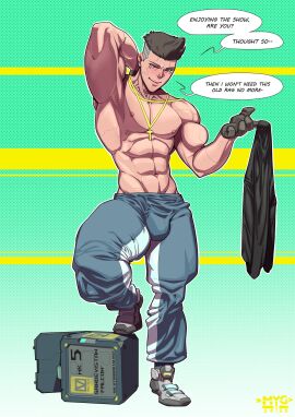1boy bara bulge clothing cyberpunk:_edgerunners cyberpunk_2077 david_martinez_(edgerunners) english_text looking_at_viewer male male_focus male_nipples male_only muscular muscular_male mygetawayart netflix nipples solo solo_male yaoi