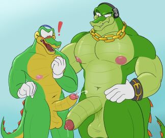 2boys absurd_res anthro balls bara big_balls big_pecs big_penis blush bodily_fluids chain_necklace classic_vector clothing comparing crocodile crocodilian crocodylid duo exclamation_point gay genital_fluids genitals gloves gold_(metal) gold_jewelry green_body handwear hi_res jewelry kelsdungeon male male/male muscular necklace pecs penis precum reptile scalie sega selfcest sharp_teeth size_difference smile smirk sonic_(series) sonic_the_hedgehog_(series) spiked_tail spikes spikes_(anatomy) square_crossover surprised_expression tail teeth vector_the_crocodile yaoi yellow_body