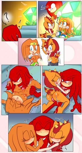 2024 2d anthro anthro_on_anthro anthro_penetrated anthro_penetrating anthro_penetrating_anthro anus areola ass balls blue_eyes blush bodily_fluids bottomwear bottomwear_down breasts chest_markings clothed clothing comic cowgirl_position demichan demilanchan echidna emanata eyelashes female female_penetrated flashing from_front_position fur genitals girdled_lizard gloves grey_bottomwear grey_clothing grey_pants group hair handwear hi_res inverted_nipples jewelry knuckles_the_echidna leg_grab lizard lying male male/female male_penetrating male_penetrating_female mammal markings master_emerald mobian mobian_(species) mobian_echidna monotreme necklace nipples nude on_back on_bottom on_top open_mouth orange_body orange_fur orange_hair orange_scales pants pants_down partially_clothed penetration penile penile_penetration penis penis_in_pussy pink_areola pink_nipples presenting presenting_breasts presenting_hindquarters pussy question_mark red_body red_fur red_hair red_scales reptile scales scalie sega sex side_boob sleeping sonic_(series) sonic_adventure sonic_the_hedgehog_(series) spikes spikes_(anatomy) striped_markings striped_tail stripes sungazer_(lizard) sweat sweatdrop tail tail_markings tikal_the_echidna topwear tremble_spikes trio trip_the_sungazer tube_top vaginal_penetration white_clothing white_gloves white_handwear white_topwear