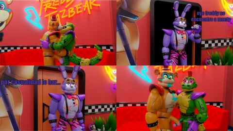 3d alligator alligator_tail alligatorid alligatorid_humanoid animatronic anthro background bear biceps blue_nails body_markings bowtie bunny bunny_boy caught caught_in_the_act comic crocodile crocodile_tail crocodilian crocodylid donsombras facial_markings five_nights_at_freddy's five_nights_at_freddy's:_security_breach fnaf gay glamrock_bonnie_(fnaf) glamrock_freddy_(fnaf) green_body kissing lagomorph lagomorph_humanoid lighting_bolt machine male male/male male_focus male_only mohawk mohawk_(hairstyle) montgomery_gator_(fnaf) muscular muscular_anthro muscular_arms muscular_male muscular_thighs non-human non_human non_mammalian_nipples orange_body penis penis_out pink_glans purple_body red_eyes red_hair reptile reptile_humanoid robot robot_humanoid scottgames simple_background spanish_dialogue spanish_text spiked_bracelet spotted_body steel_wool_studios surprised tail tail_markings tan_body tattoo top_hat two-tone_body ursid ursid_humanoid ursine yellow_eyes