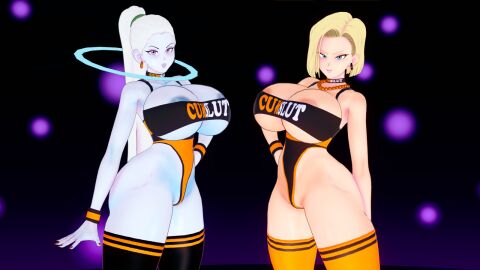 2girls 3d about_to_burst android_18 angel_(dragon_ball) areolae blonde_hair blue_eyes blue_skin breasts breasts_bigger_than_head dragon_ball dragon_ball_super female female_pervert hourglass_figure imminent_penetration kaoskatsu koikatsu large_breasts long_hair looking_at_viewer pervert ponytail purple_eyes revealing_clothes sex_invitation short_hair thick_thighs vados white_hair