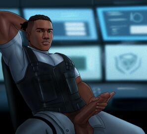 black_hair brown_skin dino_crisis looking_at_viewer male male_only masturbation rick_(dino_crisis) solo_male tagme uniform