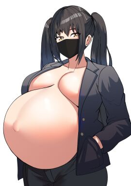 2d black_hair blush breasts breasts_apart face_mask facemask female gigantic_breasts hands_in_pockets huge_belly huge_breasts jacket looking_at_viewer original original_character pregnant super_belly trousers twintails yellow_eyes yuhancyan