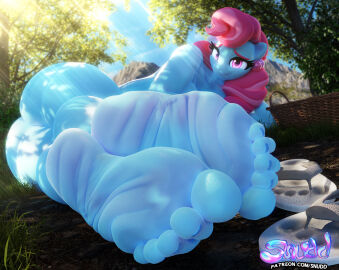 1girls 3d 3d_(artwork) absurd anthro ass barefoot blue_body body bottomless bubble_ass bubble_butt completely cup_cake_(mlp) curvaceous curvy digital_media_(artwork) earrings feet feet_up female fetish focus foot_fetish foot_focus full laying_down looking_at_viewer media mrs._cake_(mlp) my_little_pony nude only outdoors picnic_basket pink_eyes pink_hair smile smiling snuddy soles solo thick thighs toes voluptuous wide_hips wrinkly_feet