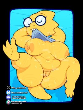 3_toes alphys anthro areola ass belly big_belly big_breasts big_butt black_background blue_background bodily_fluids border bottomless breasts closed_eyes clothed clothing clothing_lift eyewear feet female female_anthro freckles genitals glasses hi_res huge_belly huge_butt huge_hips huge_thighs lying musk musk_clouds nipples nude overweight overweight_anthro overweight_female pussy reptile round_glasses scalie shirt shirt_lift simple_background slightly_chubby solo somescrub spread_legs spreading sweat tail thick_thighs toes topwear undertale undertale_(series) vulva wearing_glasses white_border wide_hips yellow_body yellow_tail