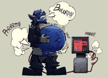 anthro belly belly_inflation blue_body blue_fur blue_tongue bodily_fluids bottomwear bottomwear_down burp_cloud burping canid canine canis clothed clothing cloud cross-popping_vein cum erection fart fart_cloud foreskin fur genital_fluids genitals hi_res inflation inflation_fetish machine male mammal navel neon_(zombieslaya336) outie_navel pants pants_down partially_clothed penis shirt sokkacherimoya solo spiked_jacket tongue topwear tube_in_ass uncircumcised wolf