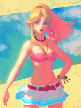 1girls a_link_between_worlds bead_necklace bellhenge belt beltskirt bikini blonde_hair blue_eyes bracelet breasts earrings female looking_at_viewer medium_breasts midriff navel necklace nintendo pink_bikini pink_swimsuit ponytail princess_zelda skirt swimsuit the_legend_of_zelda triforce_earrings white_skirt zelda_(a_link_between_worlds)