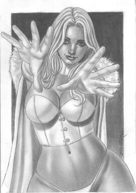 black_and_white breasts cleavage ed_benes_studio emma_frost fabiano_oliveira female graphite_(artwork) greyscale large_breasts marvel marvel_comics monochrome panties traditional_media white_queen x-men