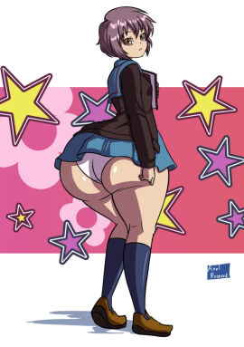 ass axel-rosered big_butt blue_socks brown_shoes butt_expansion butt_focus clothing female huge_butt large_butt nagato_yuki panties skirt stars suzumiya_haruhi_no_yuuutsu white_panties
