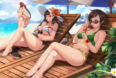 3girls adjusting_eyewear aerith_gainsborough aerith_gainsborough_(pink_mermaid) ass beach beach_chair beach_umbrella bikini black_hair book bracelet braided_ponytail breasts brown_eyes brown_hair bubble_tea bubble_tea_challenge clouds exlic female final_fantasy final_fantasy_vii flower_bracelet food green_bikini green_swimsuit headband holding_innertube holding_popsicle innertube large_breasts long_hair looking_over_eyewear looking_over_sunglasses midriff navel ocean outside painted_fingernails pink_bikini pink_swimsuit popsicle red_eyes short_hair shorts side-tie_bikini side-tie_swimsuit sky sun_hat sunglasses swimsuit tifa_lockhart tinted_eyewear water white_bikini white_swimsuit yellow_shorts yuffie_kisaragi