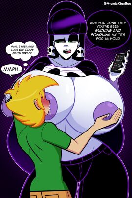 1boy 1girls 2025 artist_name atomickingboo big_breasts black-haired_female black_eyeshadow black_hair black_pants black_shirt blonde blonde-haired_male blonde_hair blonde_male blush blushing blushing_male breast_fondling breast_sucking breasts breasts_bigger_than_head brown_pants cargo_pants clothed clothed_female clothed_male clothes clothes_lift clothing clothing_lift commission dialogue duo duo_focus earrings english english_dialogue english_text eyebrows eyeshadow female fondling fondling_breast goth goth_girl gothic green-eyed_female green_eyes green_shirt hand_on_breast hand_on_head huge_areolae huge_breasts light-skinned_female light-skinned_male light_skin lindel_dollice_quilten male no_bra oc original original_character phone raised_eyebrow shirt_lift shirt_up skull_earrings solo_female speech_bubble straight tagme text text_bubble the_besties_(atomickingboo) thought_bubble twitter_link