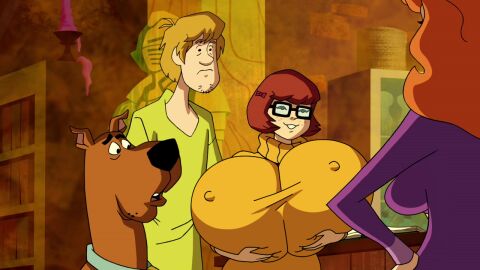 2boys 2girls big_breasts breasts breasts_bigger_than_head brown_fur brown_hair canid canine clothing daphne_blake domestic_dog edit edited edited_screencap enormous_breasts erect_nipples female gigantic_breasts glasses great_dane hands_on_own_breasts hanna-barbera height_difference huge_breasts human indoors large_breasts light-skinned_female light-skinned_male light_skin looking_at_another looking_at_breasts male mammal massive_breasts nipple_bulge orange_hair orange_sweater purple_clothing scooby-doo scooby-doo!_mystery_incorporated scooby-doo_(character) screenshot screenshot_edit shaggy_rogers shirt short_hair shorter_female smiling sweater taller_male velma_dinkley woot