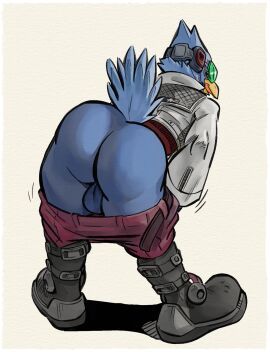 anthro ass avian backsack balls ballsack belt bent_over blue_body blue_feathers boots bottomwear bottomwear_down clothed clothing falco_lombardi feathers footwear genitals hi_res male male_only mooning nintendo nondelismell open_mouth pants pants_down partially_clothed presenting presenting_hindquarters rear_view shoes solo standing star_fox super_smash_bros.
