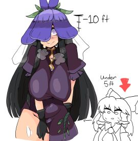 2girls big_breasts black_hair breasts clothed_female female fruit hat light-skinned_female light_skin long_hair nipple_bulge notnoe_(dxcl) purple_eyes reimu_hakurei smile steam sweat thick_thighs thighs touhou white_background yomotsu_hisami