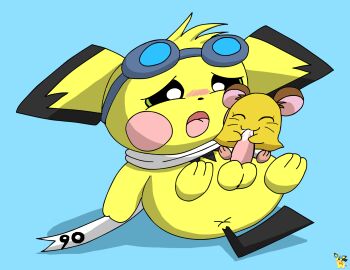 2024 anus artist_logo balls bedding blanket blue_background blush bodily_fluids brown_body brown_fur closed_eyes cricetid cum cum_in_mouth cum_inside duo eyewear eyewear_on_head fellatio female female_penetrated feral feral_on_feral feral_penetrated feral_penetrating feral_penetrating_feral fur generation_2_pokemon genital_fluids genitals goggles goggles_on_head hamster hamtaro_(series) hi_res interspecies larger_male logo looking_pleasured male male/female male_penetrating male_penetrating_female mammal nintendo oral penelope_(hamtaro) penetration penile penis pichu pichu90 pokemon pokemon_(species) pokephilia rodent scarf sex simple_background size_difference smaller_female smaller_penetrated sparks_pichu white_scarf yellow_body yellow_fur