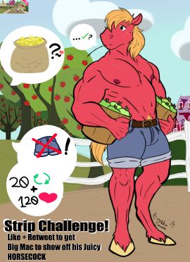 absurd_res anthro big_macintosh_(mlp) big_pecs biped bottomwear clothing cutie_mark denim denim_bottomwear denim_clothing denim_shorts english_text equid equine eshory freckles friendship_is_magic golden_carneiro hasbro hi_res horse male mammal money muscular muscular_male my_little_pony offering_money pecs pony pubes_exposed shorts solo text undressing