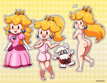 1boy 1girls :o ass barefoot blonde_hair breasts clothed clothed_female completely_nude covering covering_breasts crown dakunart dress embarrassed embarrassed_nude_female enf female full_body long_hair male mario_(series) naked naked_female nude nude_female open_mouth open_smile paper_mario paper_mario:_the_thousand-year_door paper_peach paper_peach_invisible_intermission princess_peach smile towel x-naut
