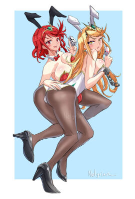 2girls ass blonde_hair bondage bowtie breasts bunny_ears chains detached_collar earrings fake_animal_ears female hand_on_ass high_heels holding_card large_breasts leotard long_hair looking_at_viewer mythra nelyrian1 nintendo pantyhose playboy_bunny playing_card pyra red_eyes red_hair red_leotard short_hair tiara white_leotard wrist_cuffs xenoblade_(series) xenoblade_chronicles_2 yellow_eyes