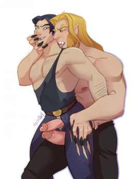 balls bara body_hair boner dragonasis erection facial_hair gay james_howlett male male_only marvel marvel_comics muscles muscular penis penis_out penis_through_legs ripped_clothing sabretooth victor_creed wolverine_(x-men) x-men yaoi