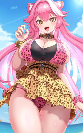 animal_ear_fluff animal_ears animal_print ass_visible_through_thighs bare_shoulders bikini blue_gemstone blue_sky blurry blurry_background blush breasts brown_choker brown_eyeshadow brown_skirt choker cleavage collarbone commentary_request cute_fang day female fingernails gem hair_intakes hand_up high-waist_skirt highres hololive hololive_english hololive_english_-justice- huge_breasts jewelry leopard_print leopard_print_bikini long_hair looking_at_viewer multicolored_hair nail_polish ocean oerba_yun_fang open_mouth outdoors ozrereresan panther_ears panther_girl panties pantyshot pink_bikini pink_hair pink_nails pink_wristband raora_panthera sideboob skin_fang skirt sky smile solo swimsuit thighs tongue two-tone_hair virtual_youtuber white_hair yellow_eyes youtube