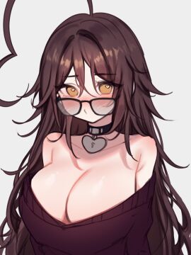 1girls bare_shoulders belly_button big_boobs big_breasts black_glasses blush boob_window boobs breasts brown_hair female female_only glasses heart-shaped_pupils heart_necklace indie_virtual_youtuber large_breasts long_hair sky_(skyaboveme) skyaboveme solo solo_focus sweater thighs virtual_youtuber white_background yellow_eyes