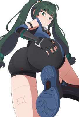 :/ ass ass_focus breasts cameltoe feet_up female foot_focus from_behind from_below hand_on_ass huge_ass looking_back medium_breasts one_leg_up pussy qingyi_(zenless_zone_zero) shoes variant_set zenless_zone_zero