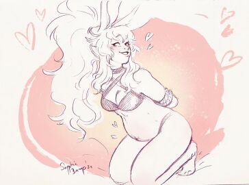 1girls arms_behind_back arms_tied bra breasts bunny_ears bunny_girl clothing crouching early_pregnancy female hearts_around_head legs_together long_hair medium_belly medium_breasts ponytail pregnant pregnant_female sapphicbump sketch_lines smile underwear