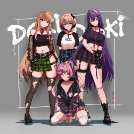 4girls artist_name belt beltskirt black_bow black_hair_bow black_hairbow blue_eyes bow clothed clothes clothing collar doki_doki_literature_club english_text female female_only goth goth_girl gothified green_eyes hair_bow hairbow half-skirt heart_collar hoodie human leash long_hair monika_(doki_doki_literature_club) multiple_females multiple_girls natsuki_(doki_doki_literature_club) pen pink_eyes pink_hair projektxi01 purple_eyes purple_hair ring sayori_(doki_doki_literature_club) skirt spiked_collar strawberry_blonde_hair streetwear text text_on_clothes text_on_clothing text_on_topwear torn_clothes torn_clothing twitter_username yuri_(doki_doki_literature_club) zipper zipper_hoodie zipper_pull_tab