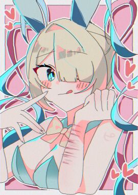 breasts bunny_girl bunnysuit chouzetsusaikawa_tenshi-chan female heart japanese_text large_breasts licking_lips needy_girl_overdose needy_streamer_overload not_porn one_arm_up scars self-harm_scars showing smug text upper_body